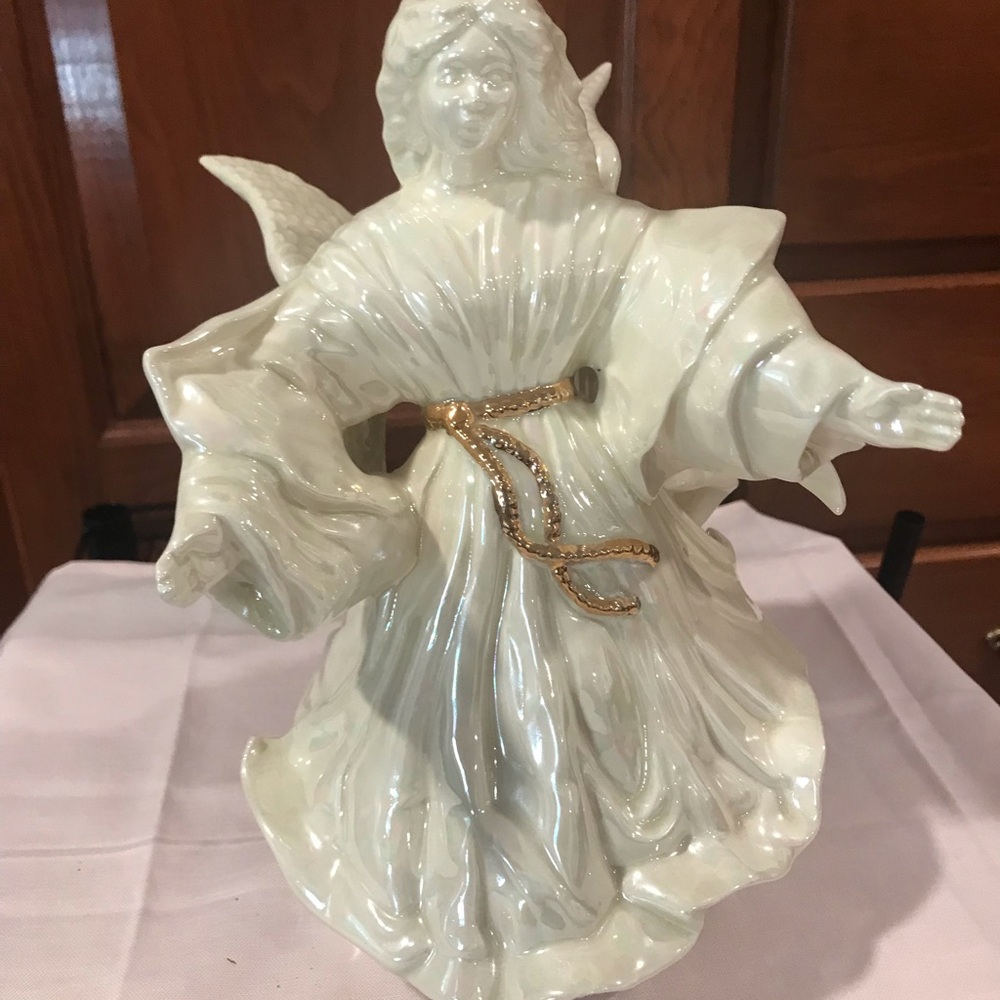 White Ceramic Angel Figurine with Gold Accent - Home Art